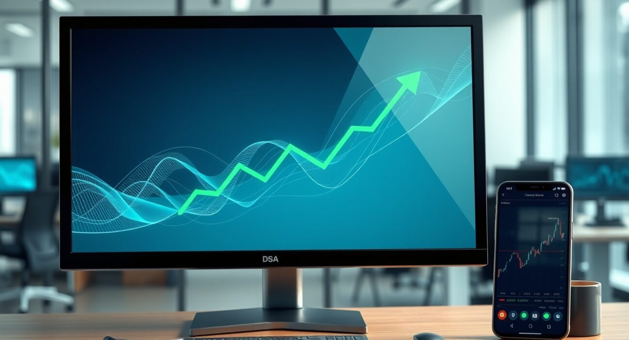 Financial trading desk monitor showing positive Bitcoin ETF inflow data and market growth trends.