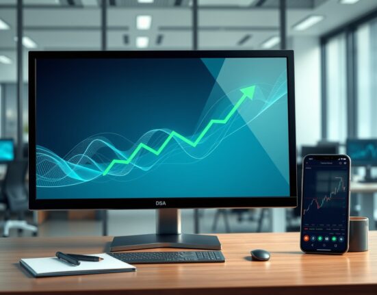 Financial trading desk monitor showing positive Bitcoin ETF inflow data and market growth trends.