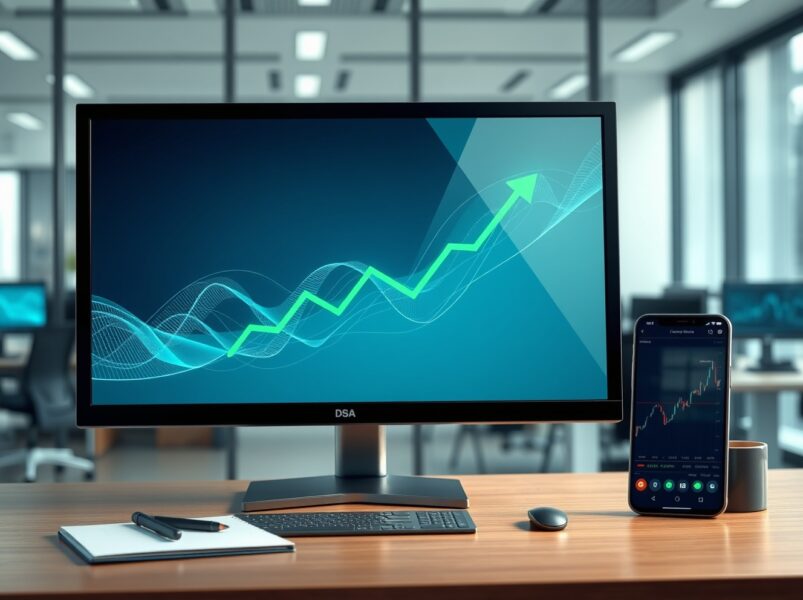 Financial trading desk monitor showing positive Bitcoin ETF inflow data and market growth trends.