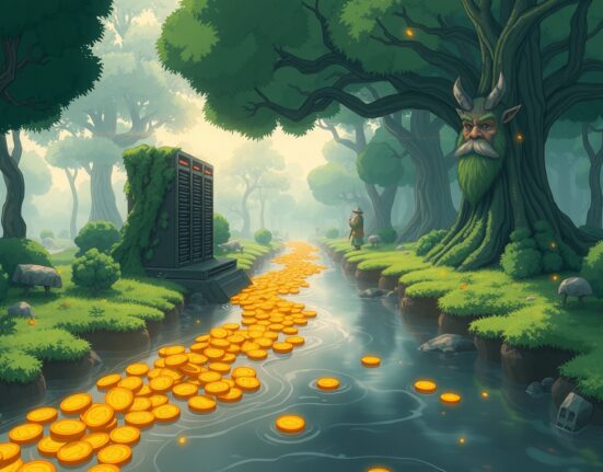 Conceptual representation of massive capital inflow into U.S. spot Bitcoin ETFs as a digital river.