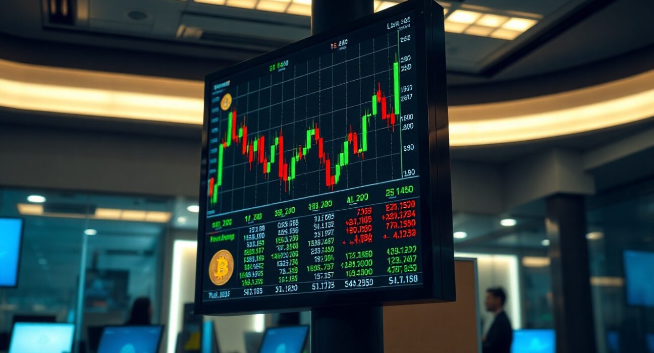 Digital trading board showing Bitcoin price and ETF volume data on a professional trading floor