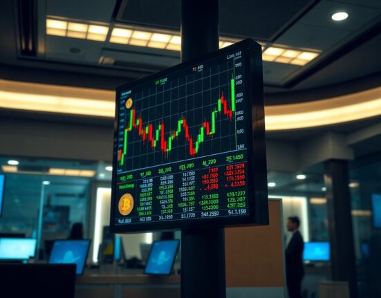 Digital trading board showing Bitcoin price and ETF volume data on a professional trading floor
