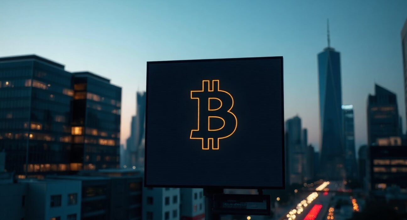 Bitcoin symbol displayed on a digital billboard in a financial district at dusk, symbolizing ETF inflows.