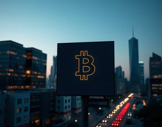 Bitcoin symbol displayed on a digital billboard in a financial district at dusk, symbolizing ETF inflows.