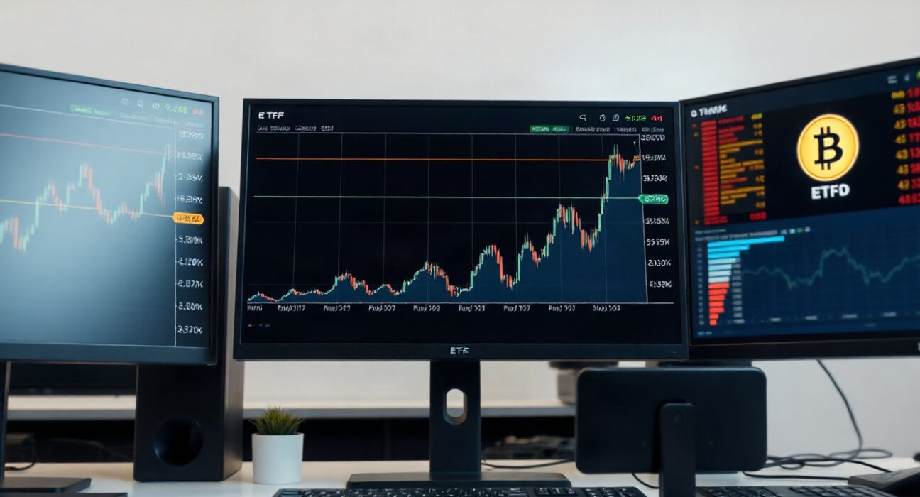 Trading desk with Bitcoin price chart showing upward trend on monitor