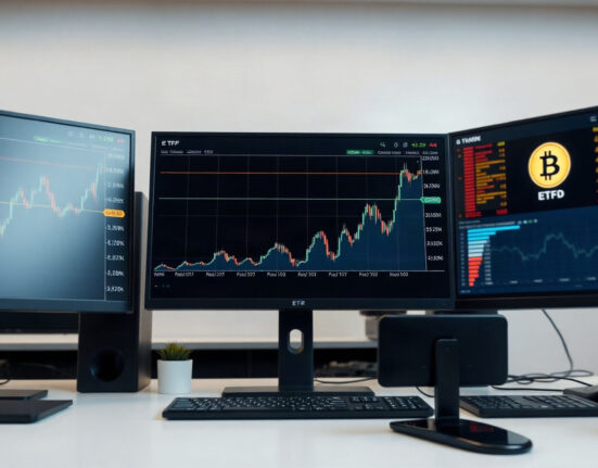 Trading desk with Bitcoin price chart showing upward trend on monitor