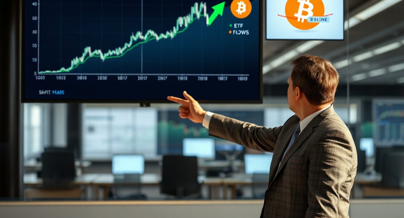 Financial analyst reviewing Bitcoin ETF outflow data on a digital screen in a modern office
