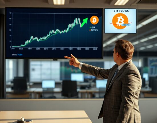 Financial analyst reviewing Bitcoin ETF outflow data on a digital screen in a modern office