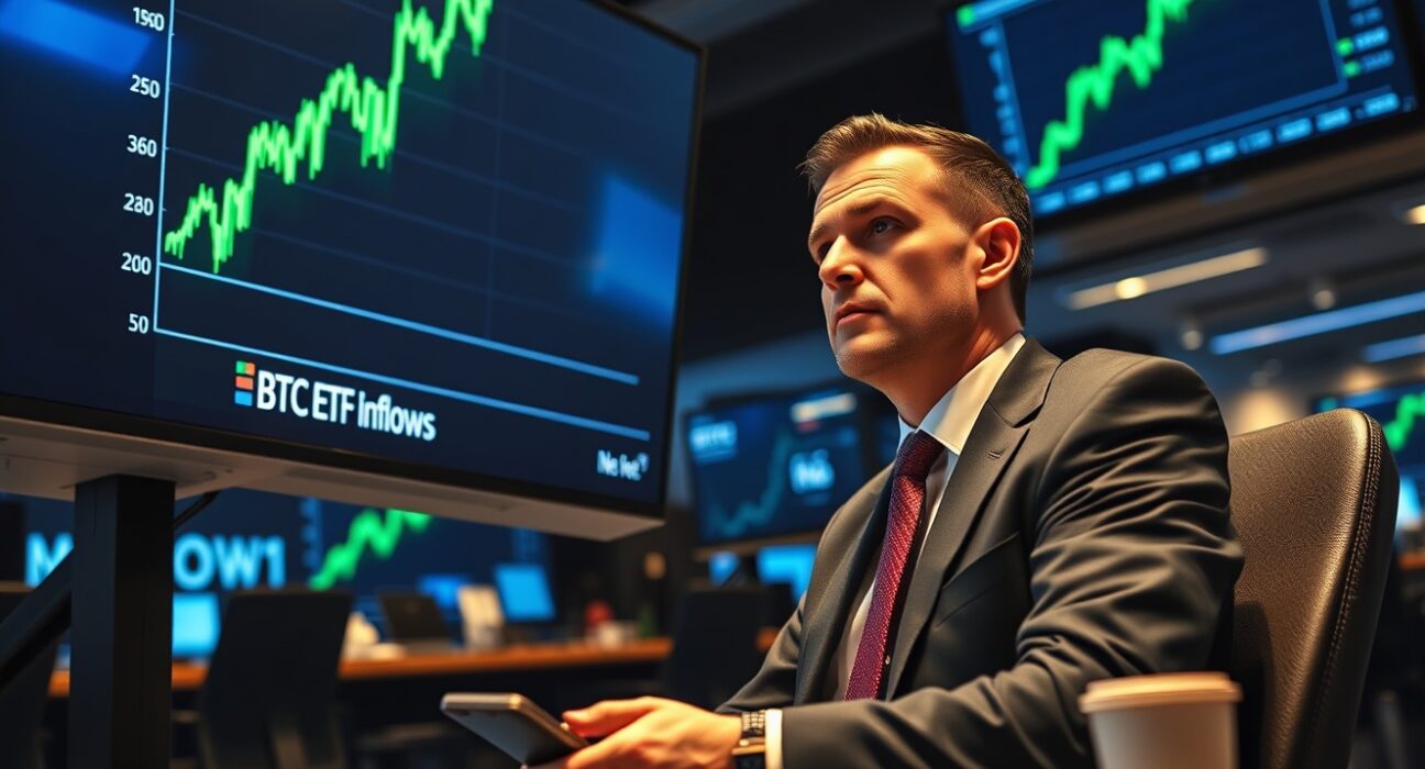 Institutional trader monitoring a green upward-trending Bitcoin ETF inflow chart on a trading floor