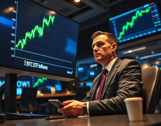 Institutional trader monitoring a green upward-trending Bitcoin ETF inflow chart on a trading floor