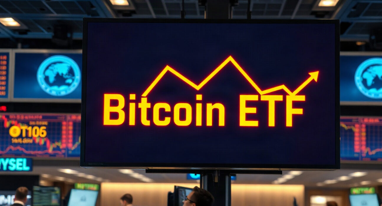 Digital display showing Bitcoin ETF outflows on a trading floor