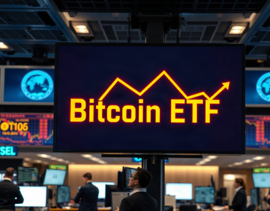 Digital display showing Bitcoin ETF outflows on a trading floor