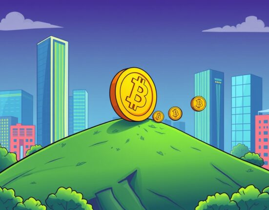 Bitcoin ETFs showing positive momentum as golden coins roll uphill toward financial district buildings