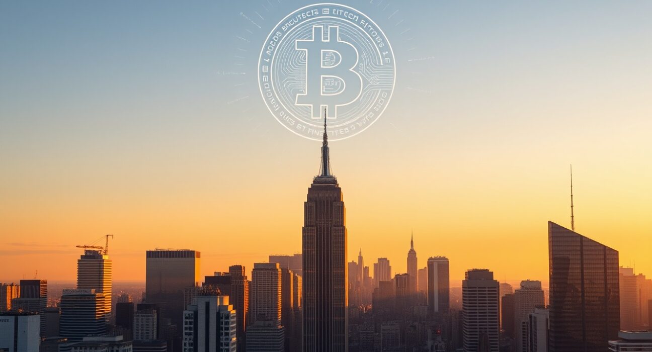 Financial district skyline with a digital Bitcoin symbol, representing Bitcoin ETF inflows