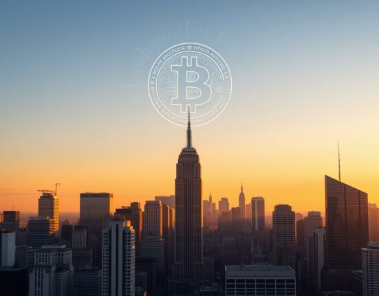 Financial district skyline with a digital Bitcoin symbol, representing Bitcoin ETF inflows