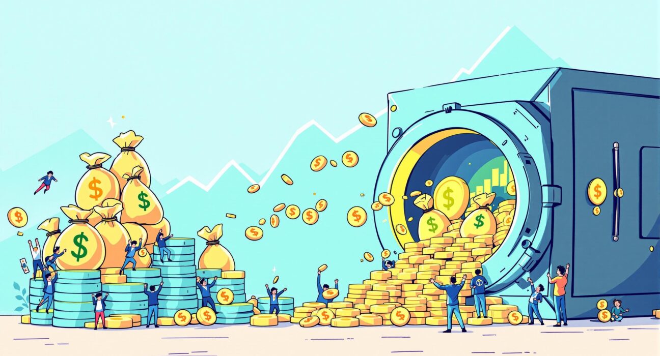 A cartoon illustration showing significant inflows into a Bitcoin ETFs fund, symbolizing renewed investor confidence in digital assets.
