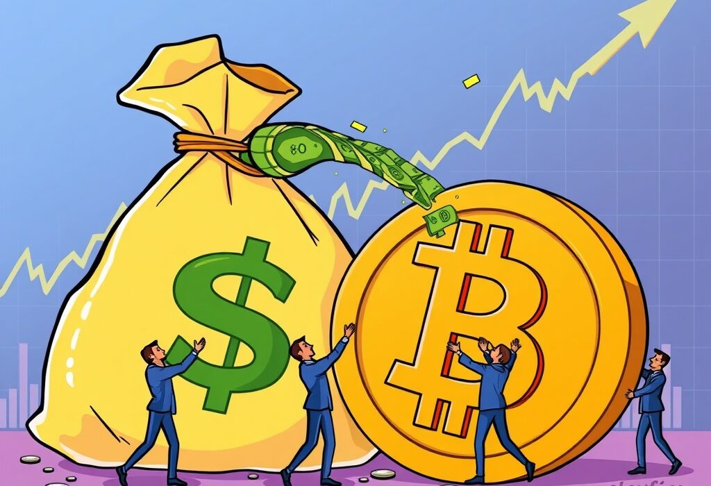 A cartoon illustration showing significant crypto inflows into U.S. spot Bitcoin ETFs, representing strong investment trends.