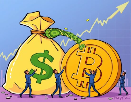 A cartoon illustration showing significant crypto inflows into U.S. spot Bitcoin ETFs, representing strong investment trends.