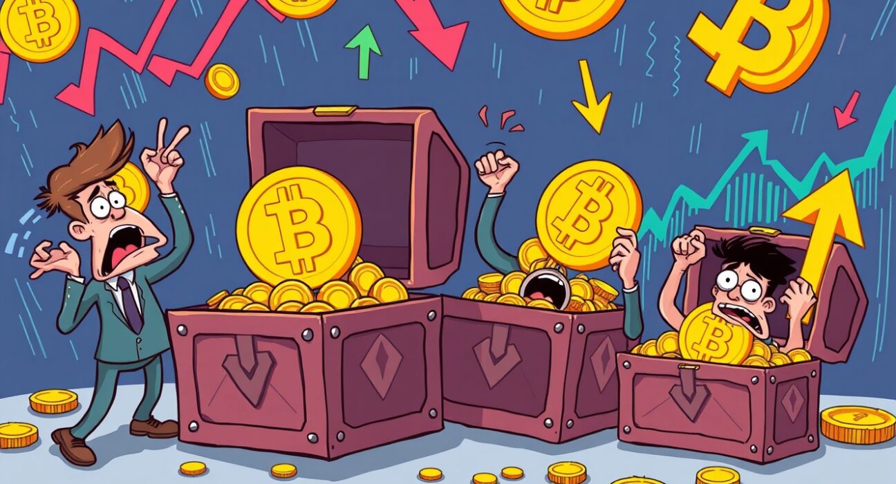 Bitcoin ETFs experiencing massive investor withdrawals in dramatic cartoon illustration
