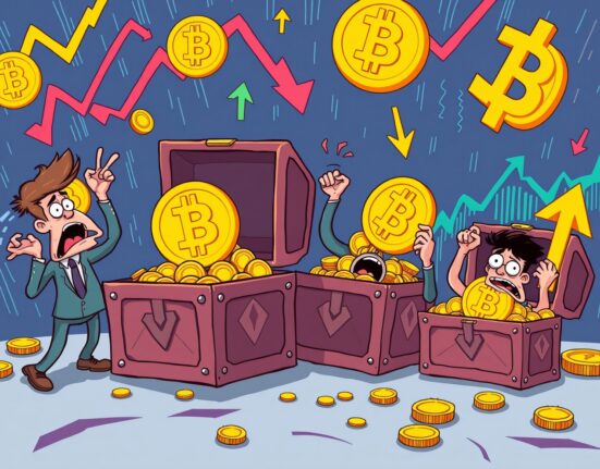Bitcoin ETFs experiencing massive investor withdrawals in dramatic cartoon illustration