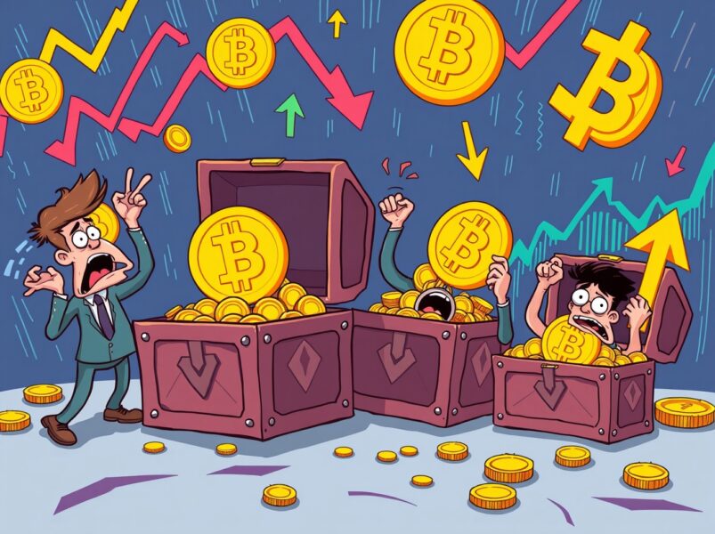 Bitcoin ETFs experiencing massive investor withdrawals in dramatic cartoon illustration