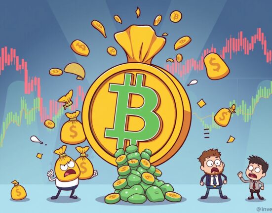 Bitcoin ETFs experiencing significant money outflow while some funds show minor inflows in cartoon financial scene