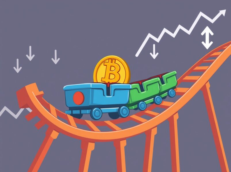 Bitcoin ETFs experiencing significant money outflow while some funds show minor inflows in cartoon financial scene
