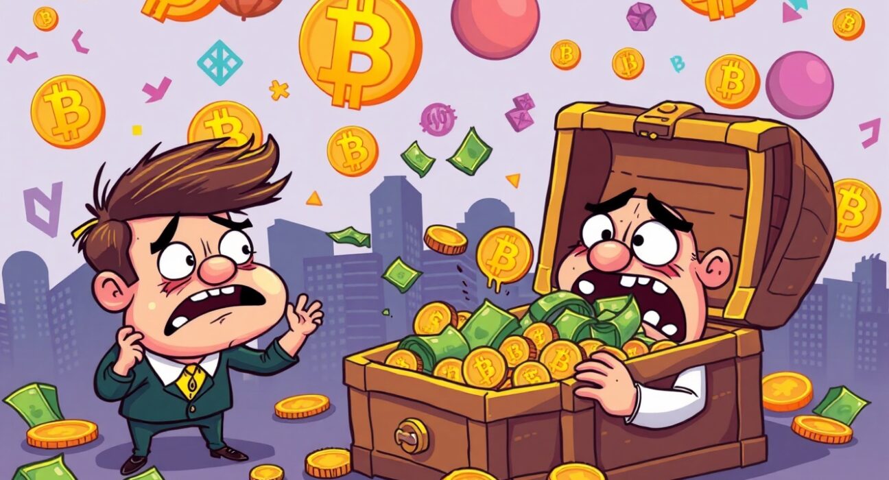 Bitcoin ETFs experiencing massive fund outflows in cartoon illustration showing investor concern