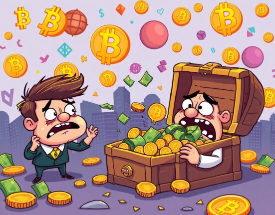 Bitcoin ETFs experiencing massive fund outflows in cartoon illustration showing investor concern