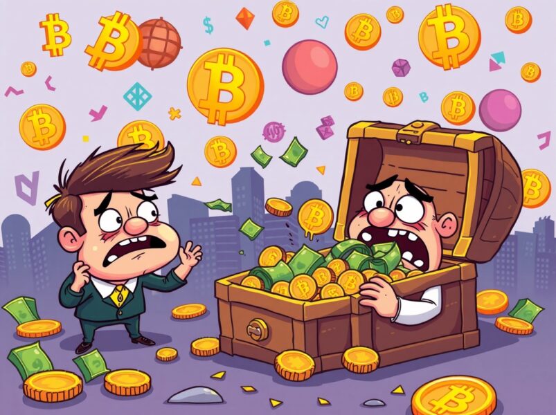 Bitcoin ETFs experiencing massive fund outflows in cartoon illustration showing investor concern