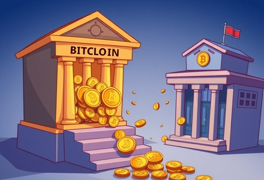 A cartoon illustration showing digital assets flowing out of investment funds, symbolizing the ongoing outflows from Bitcoin ETFs.