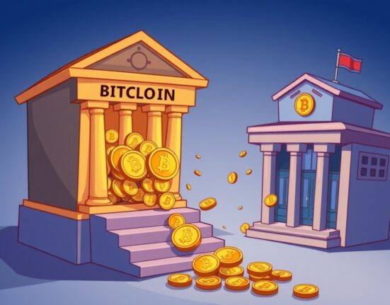 A cartoon illustration showing digital assets flowing out of investment funds, symbolizing the ongoing outflows from Bitcoin ETFs.