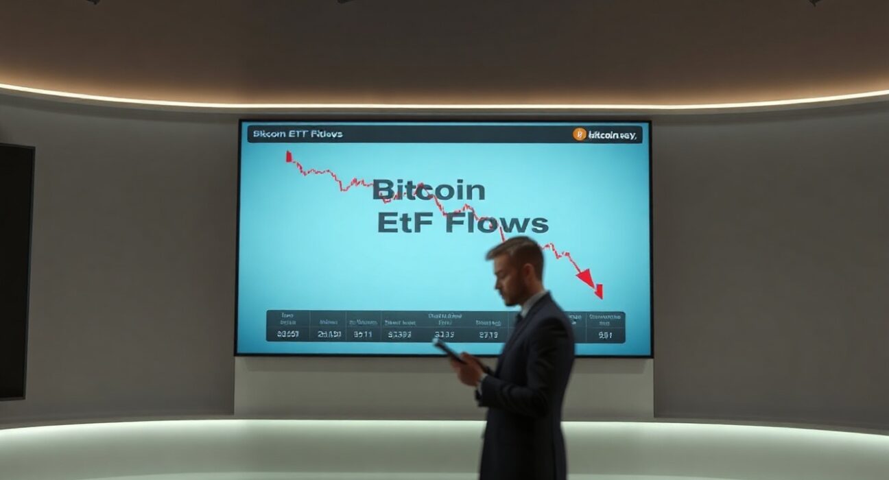 Financial news studio screen showing Bitcoin ETF outflow data with analyst in foreground