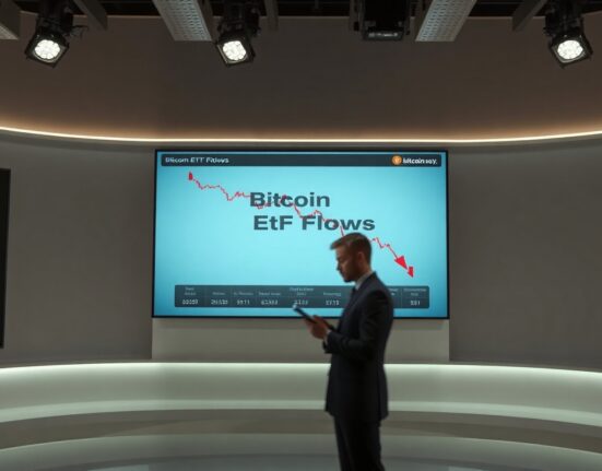 Financial news studio screen showing Bitcoin ETF outflow data with analyst in foreground