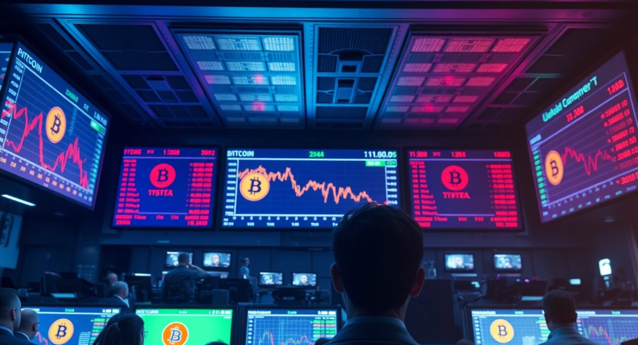 Professional traders monitoring Bitcoin price charts on a modern trading floor