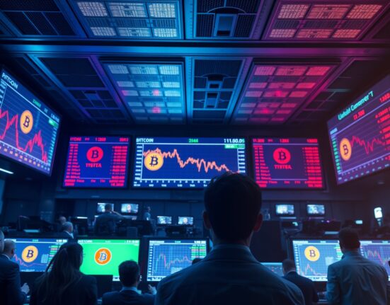 Professional traders monitoring Bitcoin price charts on a modern trading floor