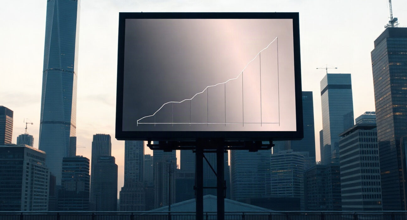 Financial district skyline with digital billboard showing declining chart, representing Bitcoin ETF outflows