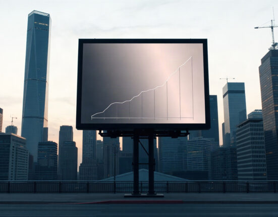 Financial district skyline with digital billboard showing declining chart, representing Bitcoin ETF outflows