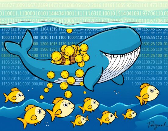 A cartoon illustrating the shift from retail to institutional Bitcoin investment through Bitcoin ETFs.