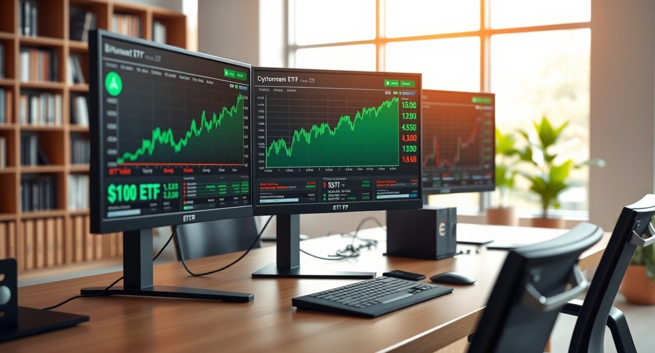 Professional trading desk monitoring Bitcoin ETF market data and performance charts in 2025.