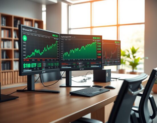 Professional trading desk monitoring Bitcoin ETF market data and performance charts in 2025.