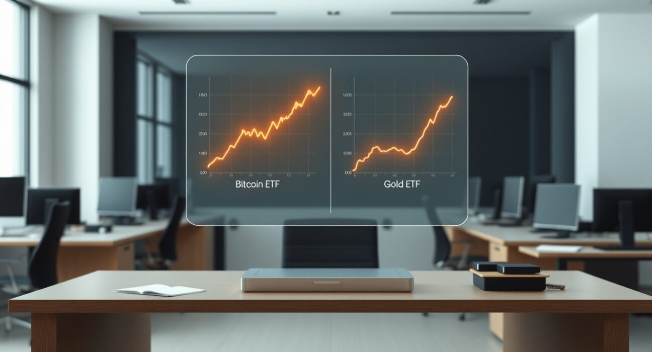 Analyst projection comparing Bitcoin ETF and Gold ETF growth charts, illustrating the forecast of Bitcoin surpassing gold.