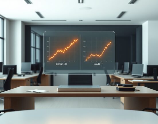 Analyst projection comparing Bitcoin ETF and Gold ETF growth charts, illustrating the forecast of Bitcoin surpassing gold.