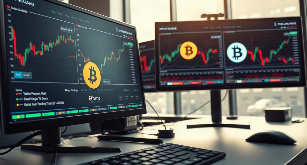 Trading desk with monitors showing Bitcoin, Ethena, and Solana price charts during Asian market hours.
