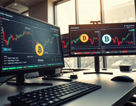 Trading desk with monitors showing Bitcoin, Ethena, and Solana price charts during Asian market hours.