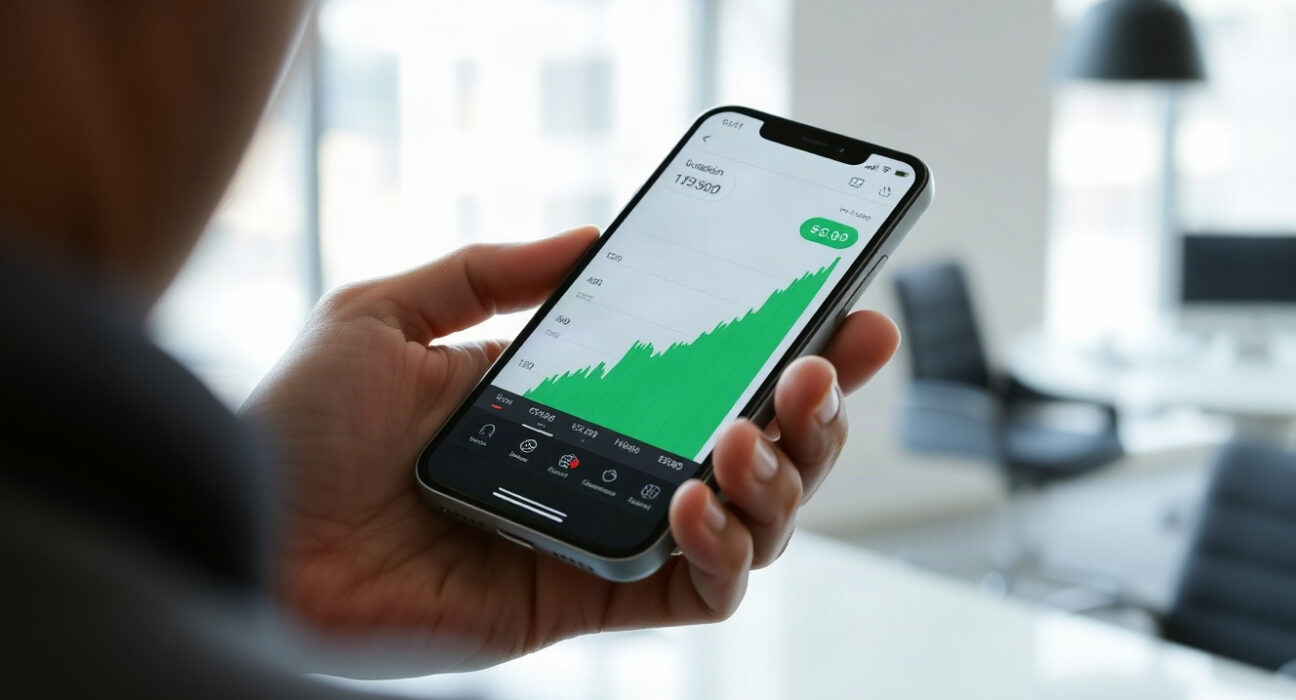 Smartphone displaying a rising cryptocurrency price chart in an office setting
