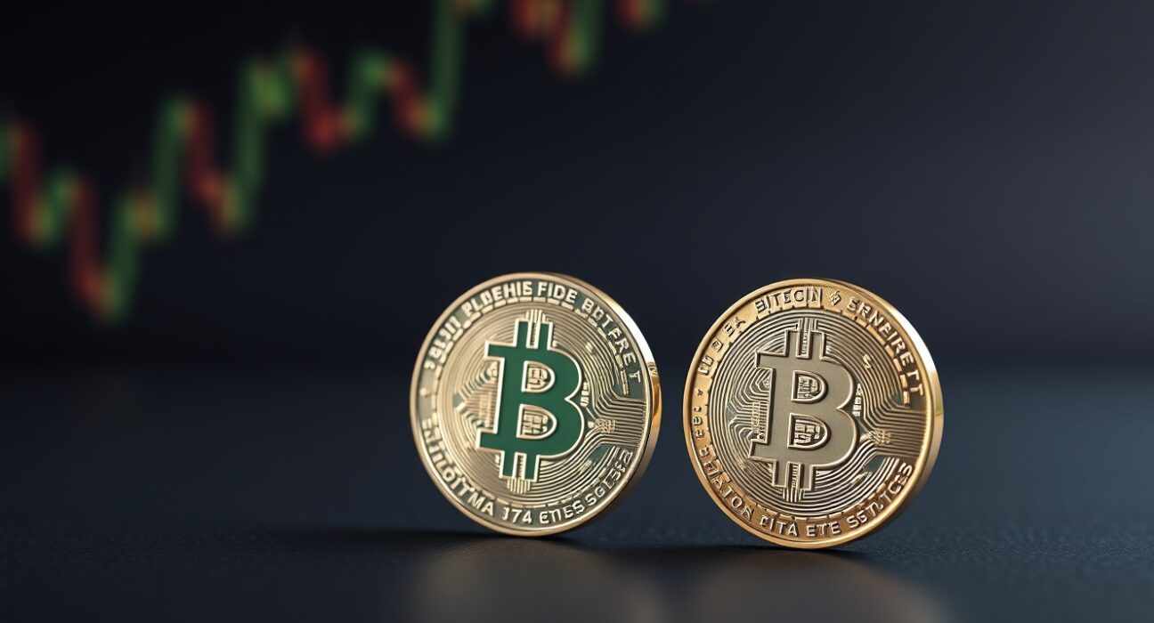 Bitcoin and Ethereum coins on a dark surface with digital chart background representing crypto market analysis