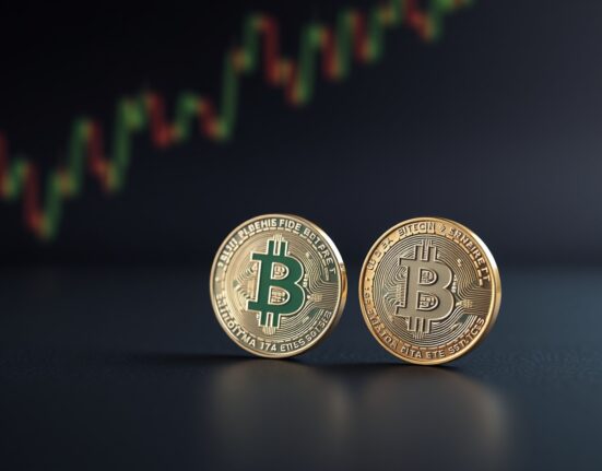 Bitcoin and Ethereum coins on a dark surface with digital chart background representing crypto market analysis