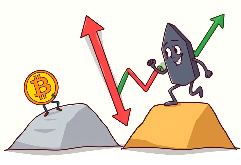 A cartoon illustrating the current Bitcoin Ethereum Analysis, showing Bitcoin dipping while Ethereum rises, reflecting diverging market trends.