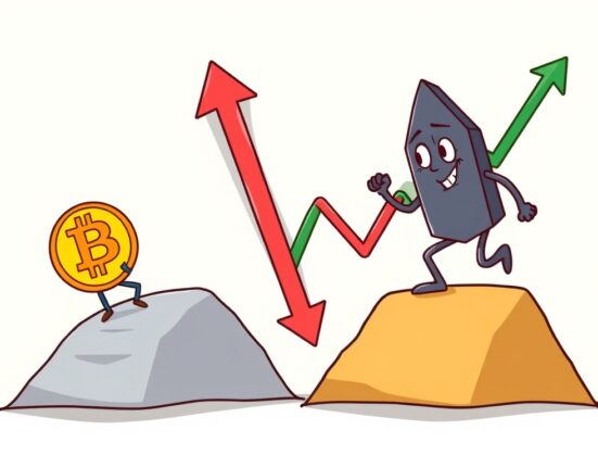 A cartoon illustrating the current Bitcoin Ethereum Analysis, showing Bitcoin dipping while Ethereum rises, reflecting diverging market trends.